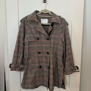 Zara Checkered Plaid Double-Breasted Trench Coat With Removable Hood